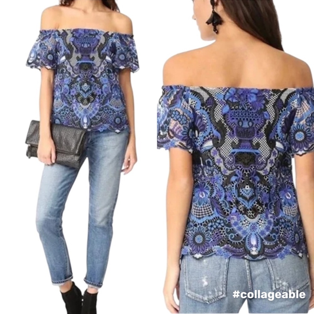 Alice + Olivia Blue Maxie Off the Shoulder Guipure Lace Top Small